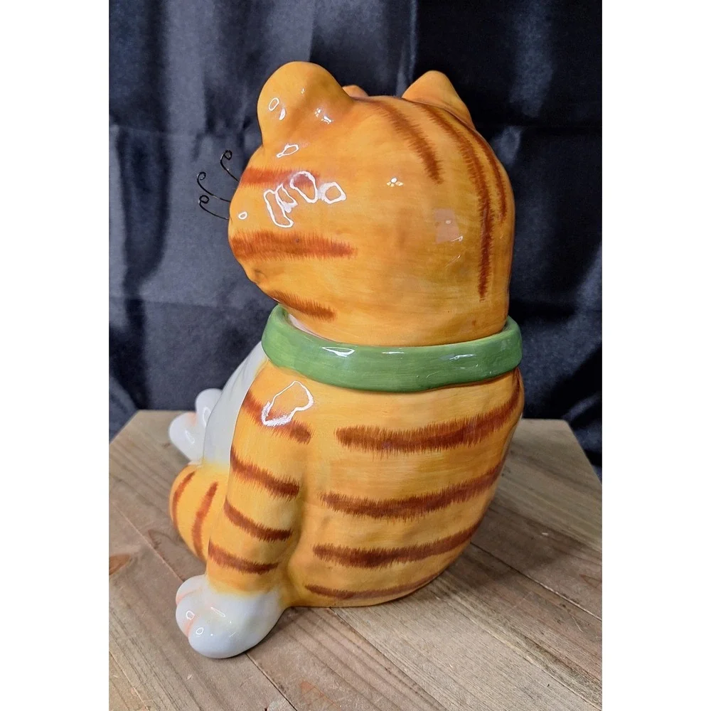 Vintage DCI Jim Orange 1990s Cat Ceramic Cookie Jar Green Collar Wire Whiskers